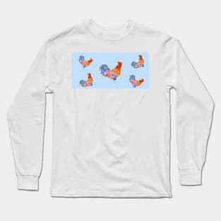 Rooster Chicken Funny Watercolor Blue Polka Dot Long Sleeve T-Shirt